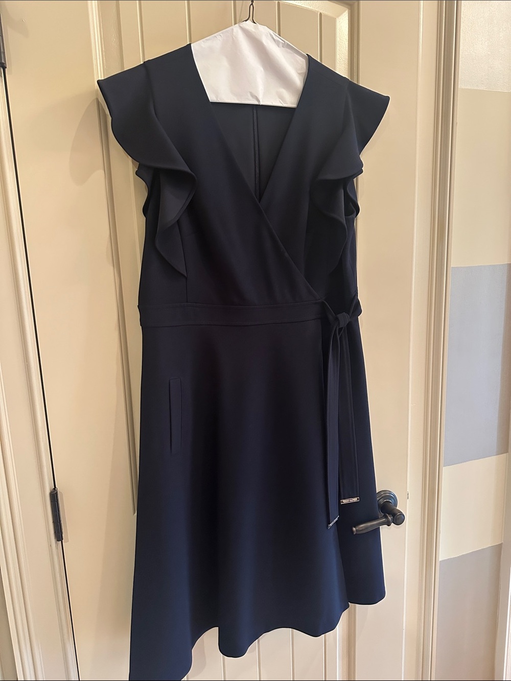 Tommy Hilfiger Navy Wrap Midi Dress with Ruffle Sleeves